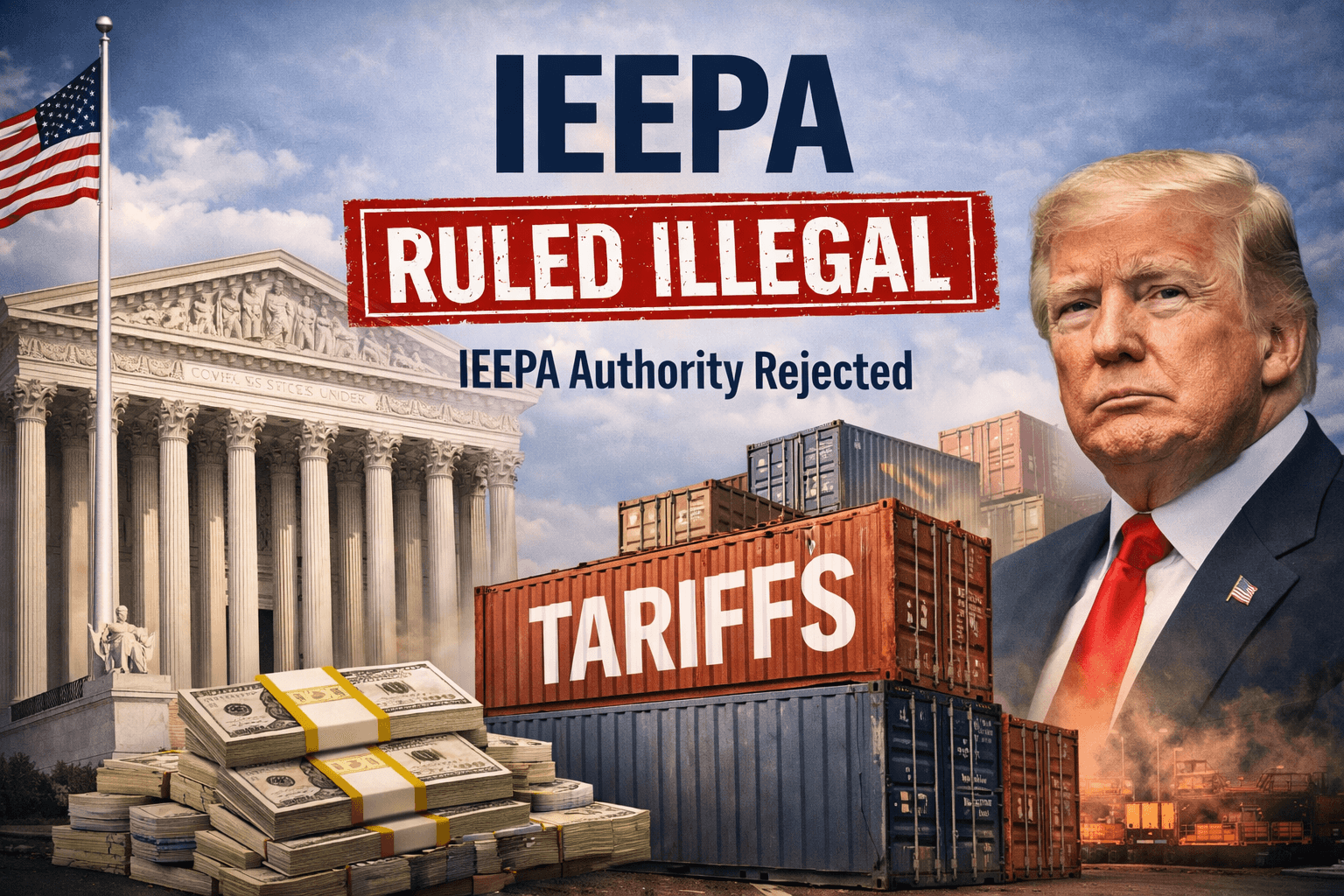 Supreme Court emergency tariffs ruling illustration showing IEEPA tariffs declared illegal with shipping containers and Supreme Court building.