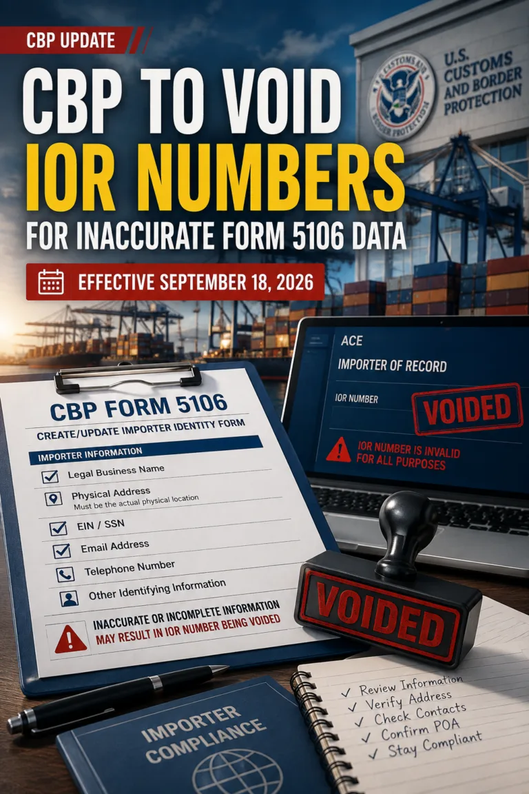 CBP Form 5106 IOR accuracy requirements beginning September 18 2026